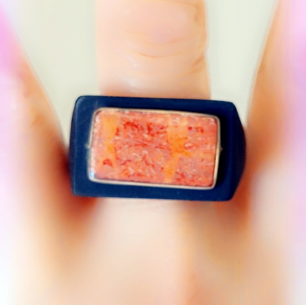 Coral & Wood Vintage Sterling Gemstone Ring